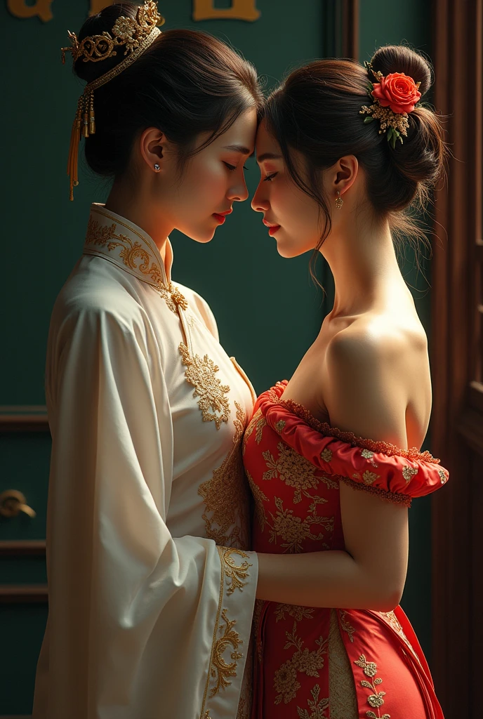 a couple of lesbians sitting together,leering:1.4,Taoist,single hairbun,(an ancient Chinese hairstick on her head:1.5),Use mahogany hairpins,(transparent clothes),leering:1.4,Reveals translucent lace panties,(ulzzang-6500-v1.3,pureeroface_v1,octane rendering),elegant pose,xxmix girl woman,perfect composition golden ratio, masterpiece, best quality, 4k, sharp focus. Better hand, perfect anatomy.