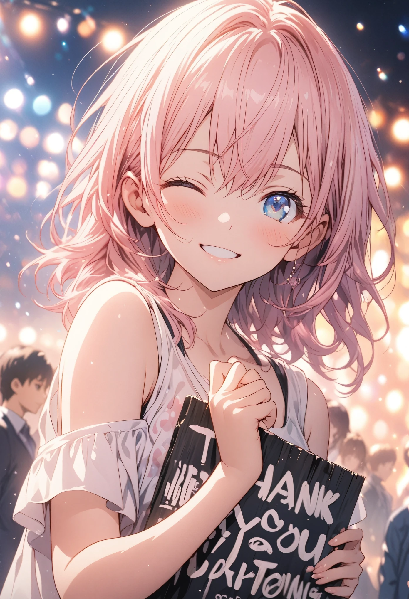 masterpiece, Highest quality, Highly detailed CG Unity 8k wallpaper, High School Girl Anime Illustration. Wear an oversized tank top、she holds a sign that says, "Thank you for everything, 500 followers," in black text, she has her eyes closed and mouth open, smile. The background is a light pastel colored landscape., Pink hair color, blue eyes, Bokeh, (Soft Focus):1.2, Out of focus highlights, Dreamy atmosphere, Glowing circle, Fascinating Depth, The background is also realistic