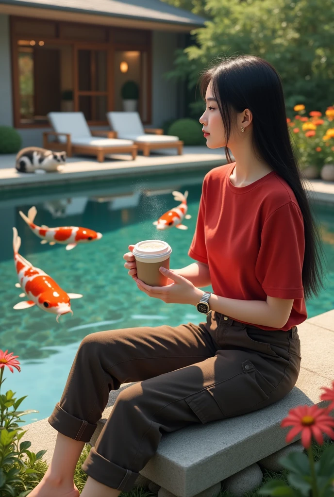 Beautiful Korean girl, white skin, well-groomed face, long straight black hair tied, red t-shirt, dark brown cargo pants, wearing a cool watch, sitting by the pond there are koi fish, the koi fish look real, while holding hot coffee, there is an Angora cat by the big pond, colorful flowers, backdrop, luxury house with lounge chairs, looks authentic, real and realistic in photos