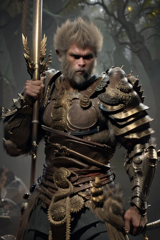 Detailed face, detailed eyes, high quality, master piece, Create an epic fantasy illustration of Black Myth Wu Kong a fierce warrior. Furry, holding a long, ornate staff in one hand.ur-covered body, with a mane of wild, golden hair and a fierce, determined expression, body arm, traditional body armour,