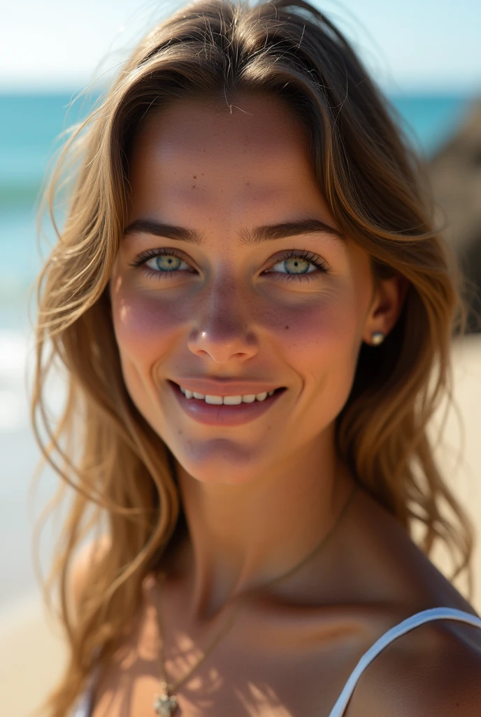 portrait photo ultra réaliste d'une femme brune sur la plage, européenne, yeux bleus clairs, sans maquillage, quelques légères taches de rousseurs, un petit grain de beauté au dessus de la lèvre gauche, minutieux et détaillé, très détailé, 4k, haute résolution, photographie primée