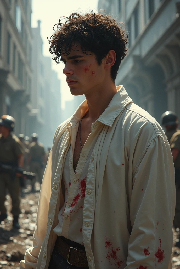 Protagonist of a war game between saints and sinners wearing white clothes, brunette skin, and curly hair sad because he just killed one of his brothers