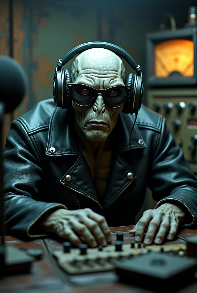 Realistic tough looking male grey alien with sunglasses and announcer headphones and leather jacket facing front in a spooky radio booth ready to transmit