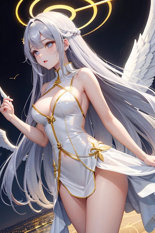 A high-ranking angel with six pairs of wings。Gorgeous honey gold hair。Wavy long hair。Mysterious silver eyes。A beautiful god clothed in light々Standing。
Light shines from the sky、illuminated by a halo。
