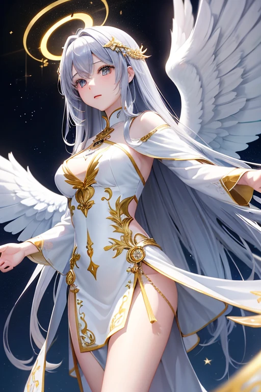 A high-ranking angel with six pairs of wings。Gorgeous honey gold hair。Wavy long hair。Mysterious silver eyes。A beautiful god clothed in light々Standing。
Light shines from the sky、illuminated by a halo。