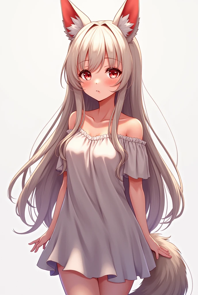 A cute anime girl with long flowing hair, pony tail, wolf ears, blushing face, anatomically accurate and highly detailed features, flawless skin, white or red hair, bushy tail, red eyes, exaggerated rosy cheeks, intense gaze, heterochromia, simple background, anime-style illustration, provocative pose, full-length standing figure, high quality, ultra-detailed, intricate, masterpiece