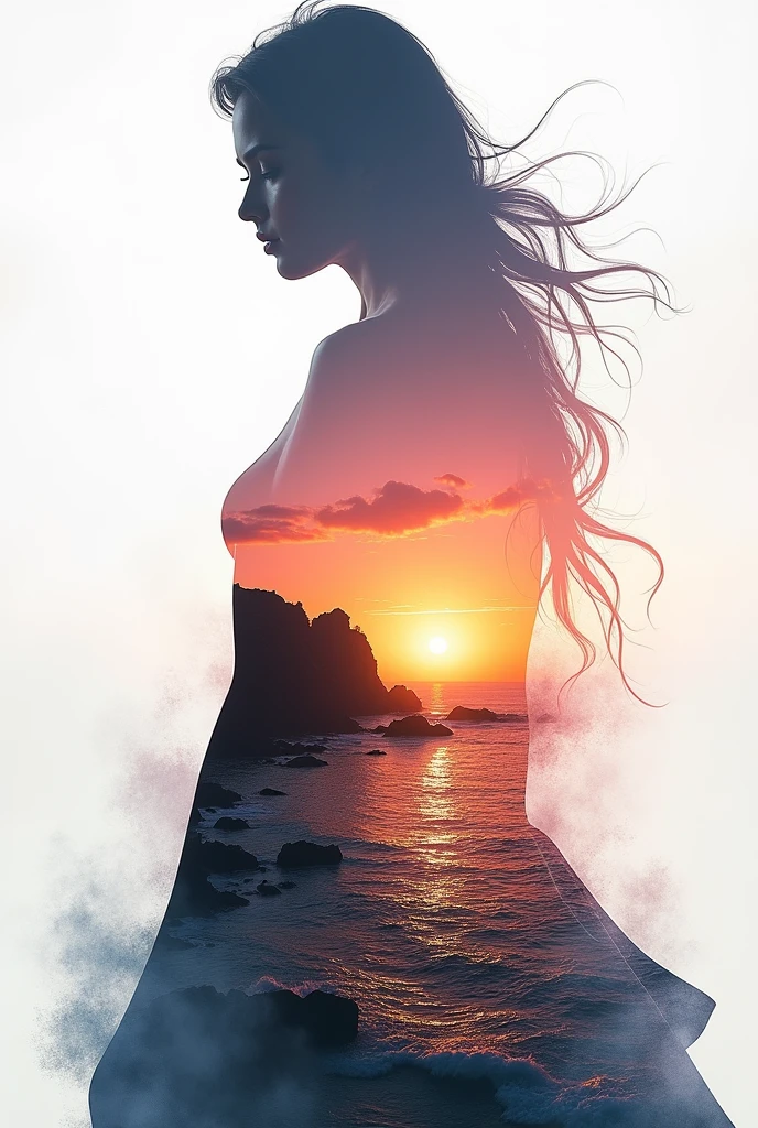 high quality, 8K Ultra HD, A beautiful double exposure that combines an goddess silhouette with sunset coast, sunset coast should serve as the underlying backdrop, with its details incorporated into the goddess , crisp lines, The background is monochrome, sharp focus, double exposure, by yukisakura, awesome full color,