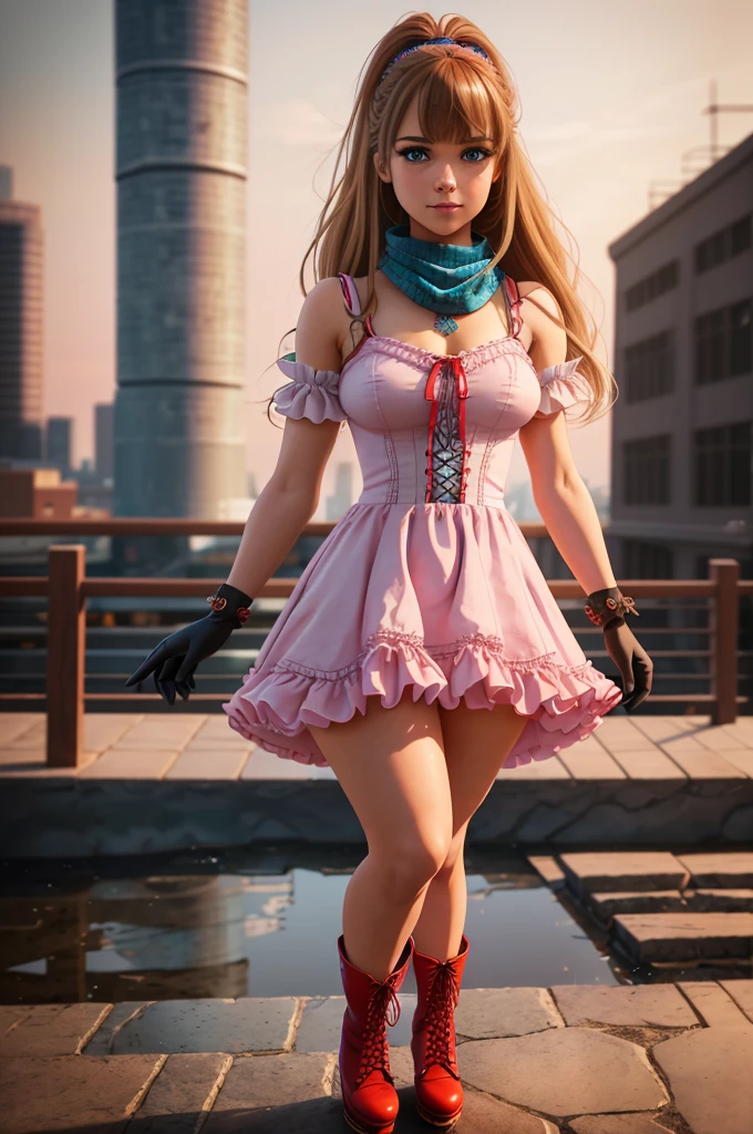 perfects eyes:1.2, detailedeyes:1.4, Emília T8, Blunt bangs, blue colored eyes, long hair, hair blonde, thicc thighs, lacing boots, pink ruffled dress, scarf with ruffles, gloves fingerless, ssmile, red eyeshadow:1.2, make up:1.2, cowboy shot, 1 girl, standing alone, (work of art:1.6, best qualityer), 8k, insane details, details Intricate, hyperdetailed, hyper qualit, high détail, ultra detaild, proffesional, HDR, ray tracing reflection, cinematic lighting,