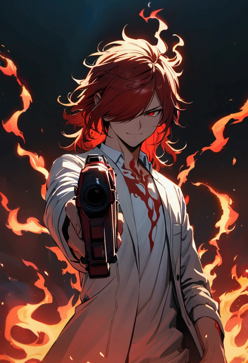 teenage boy, tidy hair, medium length hair, multicolored black and red hair, long bangs covering the left eye, Eyes red, serious face, simple smile, white  shirt, school blue jacket, red tattoos on the body, fiery aura, holding two red pistols
