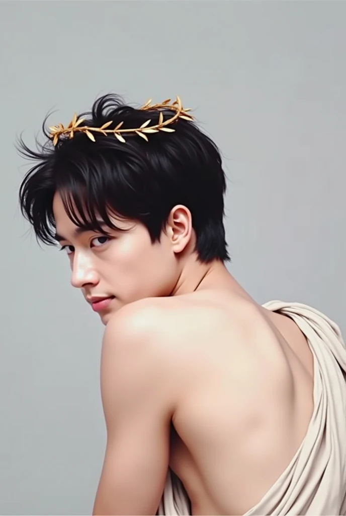 jimin too bts, Attractive man. White Greek Tunic, golden laurel wreath on the head