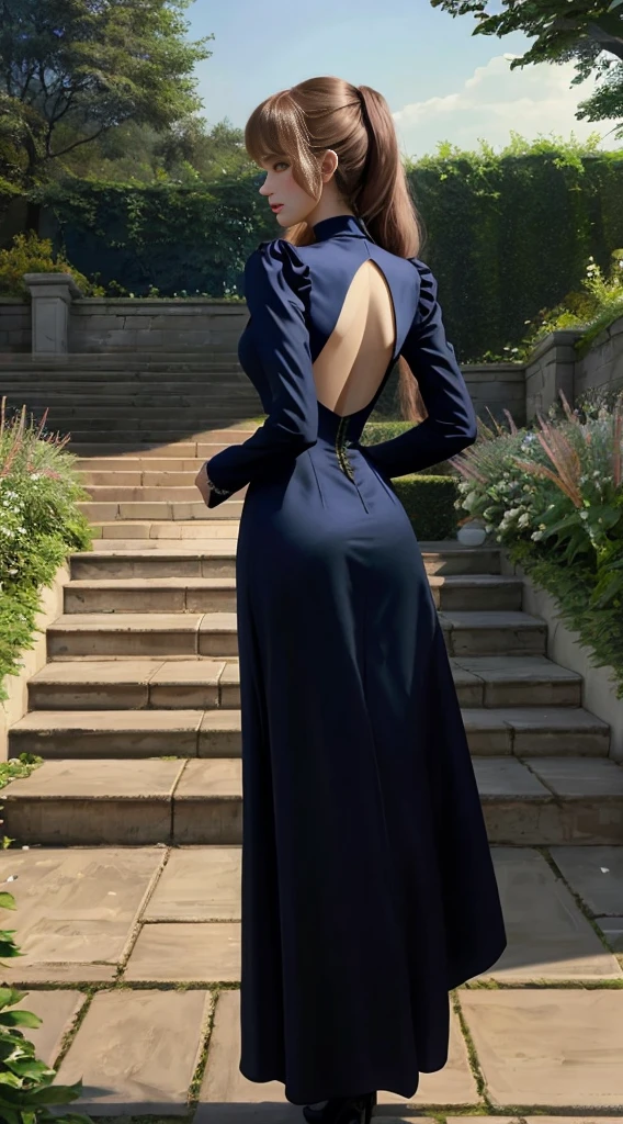 realistically, make realistic, nmasterpiece, Best qualities, Top Quality, The ultra-great resolution, Lolita_Dress, 1girls, solo, Slim, looking at the spectator, a whole body, long haired, to stand, dynamicpose, detailed back ground, in a garden, Citadel, Natural lighting, (pureerosface_v1:0.5),