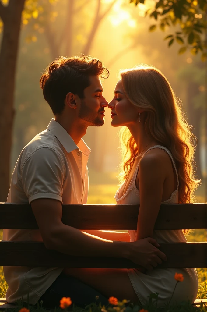 A young couple, a man and a woman, are sitting on a park bench facing each other. They are lost in each other's eyes, their faces filled with a mix of love, longing, and surprise. The scene is bathed in warm, golden sunlight. A spark of electricity crackles between them.