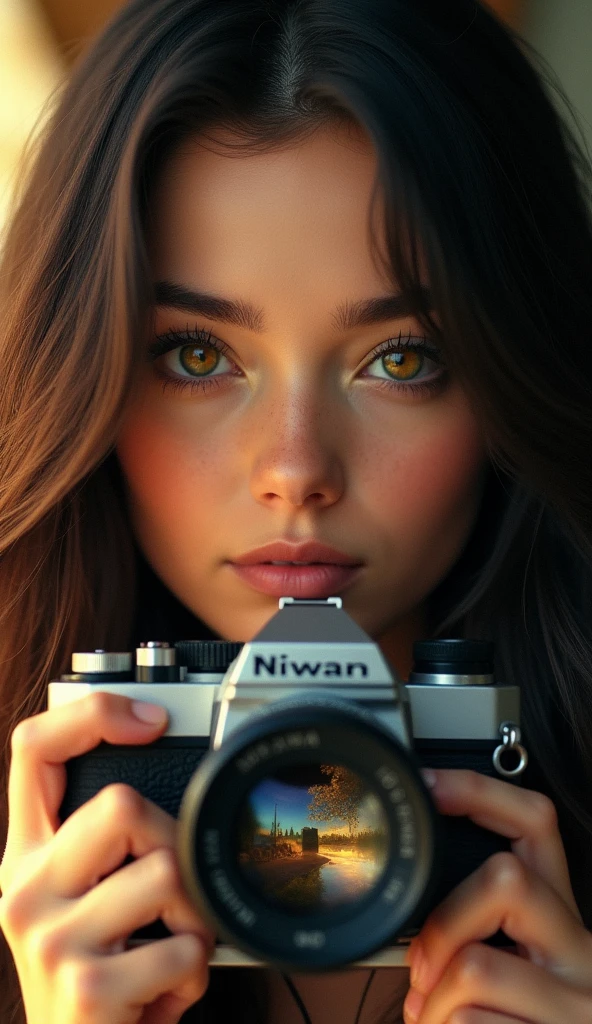 a striking portrait of a young woman holding a camera, with a focus on her intense gaze. Her long, dark hair cascades around her face, catching the light to create a soft glow. The camera, prominently displayed, features the brand "Niwan" and reflects a beautiful scene within its lens, hinting at the vibrant world she captures. Her eye, a captivating mix of colors, draws attention, with intricate details that suggest a sense of wonder and creativity. The background is softly blurred, illuminated by warm, golden light, enhancing the feeling of a moment frozen in time. The overall composition conveys a sense of passion for photography and an appreciation for the beauty in everyday life.