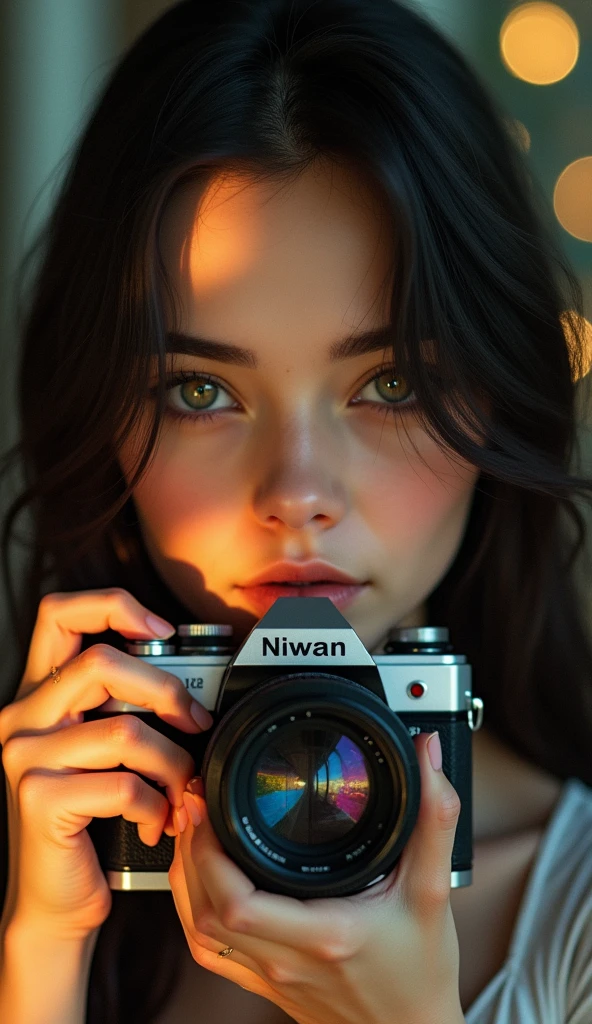 a striking portrait of a young woman holding a camera, with a focus on her intense gaze. Her long, dark hair cascades around her face, catching the light to create a soft glow. The camera, prominently displayed, features the brand "Niwan" and reflects a beautiful scene within its lens, hinting at the vibrant world she captures. Her eye, a captivating mix of colors, draws attention, with intricate details that suggest a sense of wonder and creativity. The background is softly blurred, illuminated by warm, golden light, enhancing the feeling of a moment frozen in time. The overall composition conveys a sense of passion for photography and an appreciation for the beauty in everyday life.