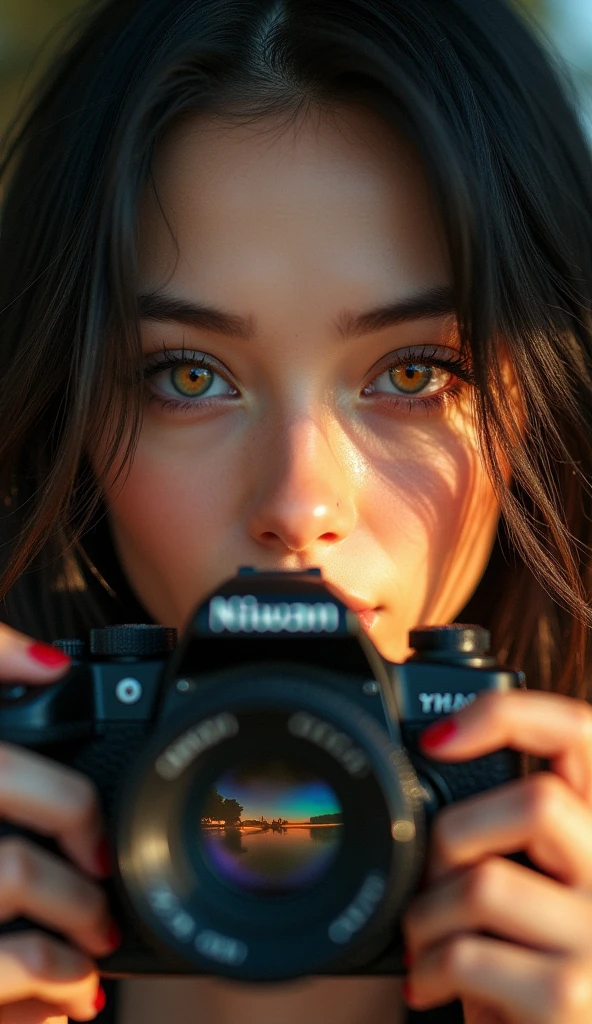 a striking portrait of a young woman holding a camera, with a focus on her intense gaze. Her long, dark hair cascades around her face, catching the light to create a soft glow. The camera, prominently displayed, features the brand "Niwan" and reflects a beautiful scene within its lens, hinting at the vibrant world she captures. Her eye, a captivating mix of colors, draws attention, with intricate details that suggest a sense of wonder and creativity. The background is softly blurred, illuminated by warm, golden light, enhancing the feeling of a moment frozen in time. The overall composition conveys a sense of passion for photography and an appreciation for the beauty in everyday life.