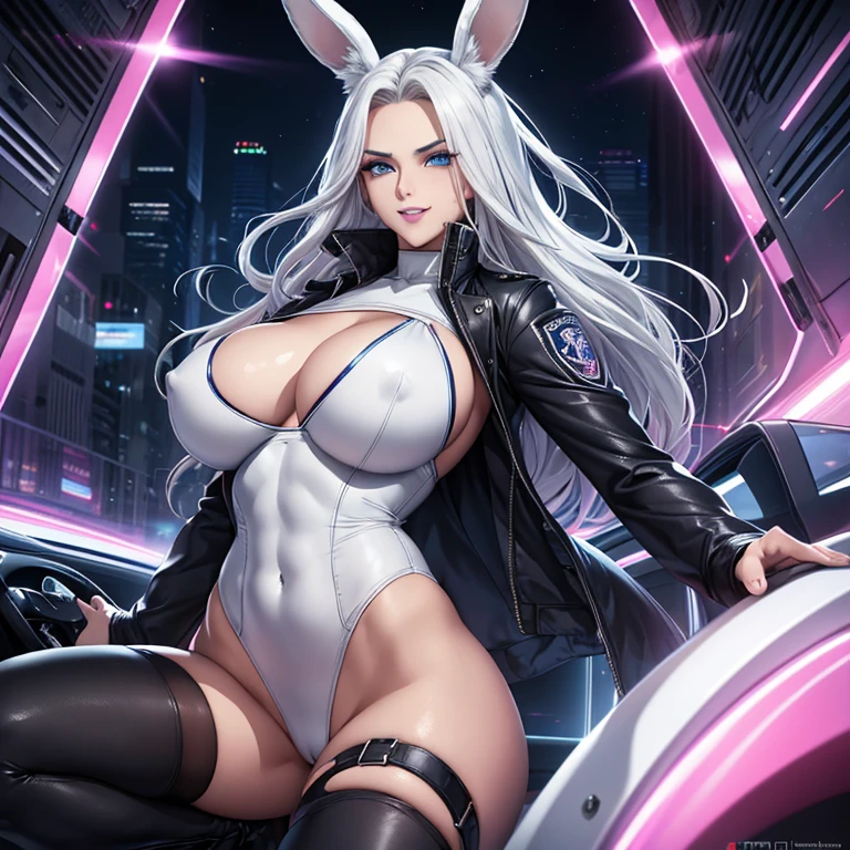 (Cool policewoman.Well-formed face.Tall.A very muscular, thin body.Beautiful six pack abs.Big eyes.Beautiful blue eyes.White Hair.Boyish medium-long hair with a center part.I can see your forehead.Heavy eye makeup.Dark lipstick.Tight waist.Very large breasts.Very large breastsの谷間.Beautiful pale pink areola.Firm skin).(A small, see-through white leotard.Nipples are visible.Black leather boots with lots of belts.Bunny ears).(Futuristic City.Late Night.Inside the police car.My hair is blowing in the wind.Smiling thinly.Mouth slightly open with tongue sticking out)Perfect Face.Accurate human body.Accurate 5 fingers.High resolution.Full body image