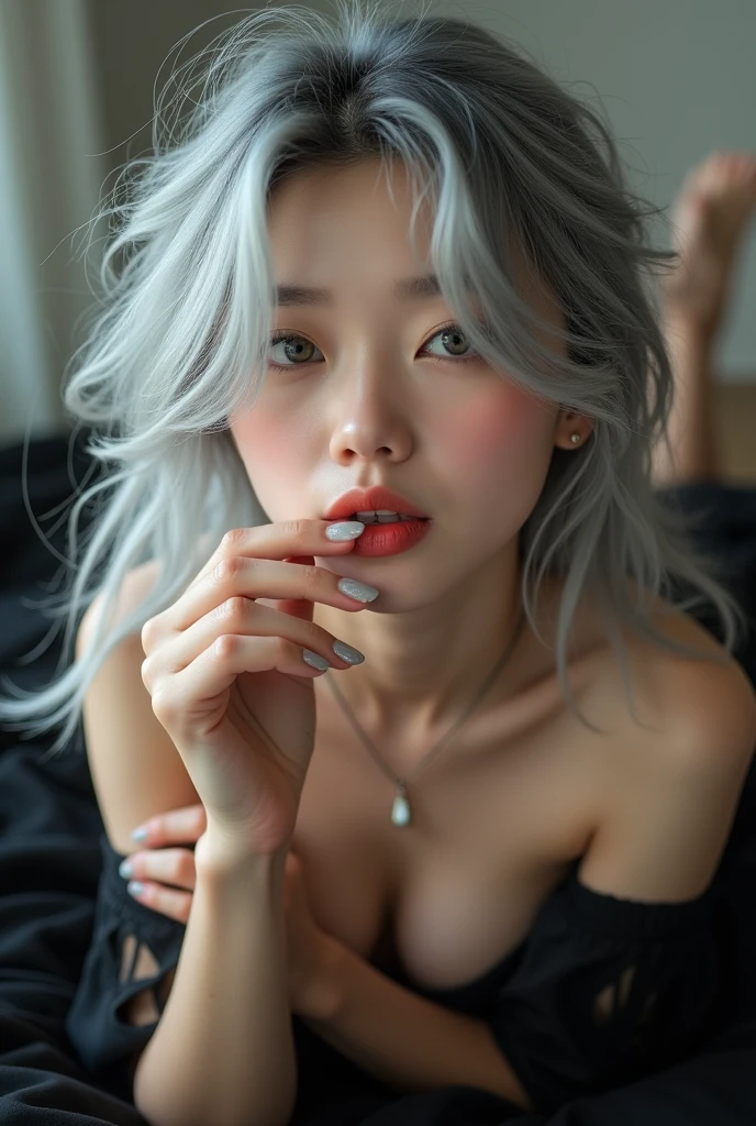 A magazine cover entitled "FLUX". It depicts above view of extremelly beautiful Korean girl, korean idol, kpop style, slender body, detailed skin texture, detailed beautiful eyes, detailed sexy moist lips, natural make up, detailed long silver messy hair, small breasts, black sheet, fully naked, one hand is covering breasts and the other hand finger sucking, medium breasts, grey eyes, sexy light pink moist lips, slightly open mouth, looking to the viewer, Bright front soft studio light, 8K, hyper-realistic, photorealistic, (depth of field:1.1), sharp focus