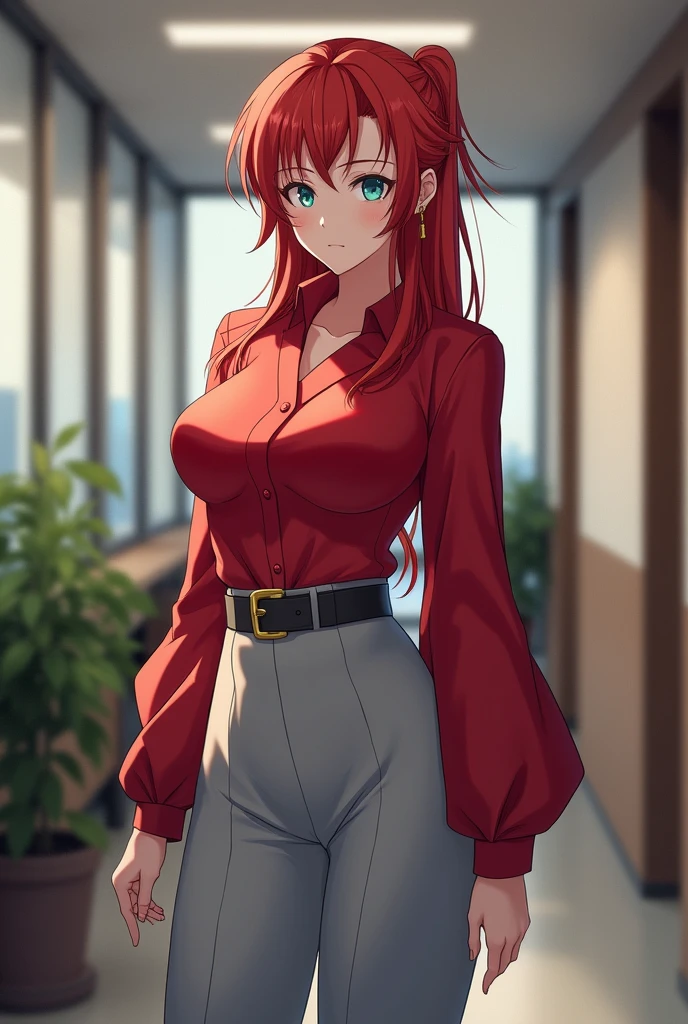 Anime Japanese woman, working woman, uniform, red hair, long hair, low ponytail, blue eyes, kimono-like scarlet shirt with large sleeves, oversized light grey slacks, beautiful H-cup breasts, nice butt, office hallway