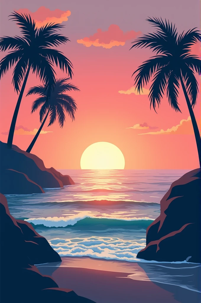 zen wallpaper. sea. palm trees. Sunset. rose-cyan-orange color palette