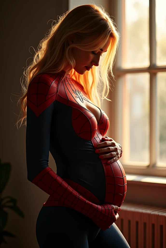 A stunning portrait of Piper Perri as Spiderwoman, She is pregnant, holding her belly, young and beautiful, hyper realistic, real portrait, backlit, exquisite features, cleavage, sexy, seductive, window, natural light, soft light, nine months pregnant, large belly, embodiment of love