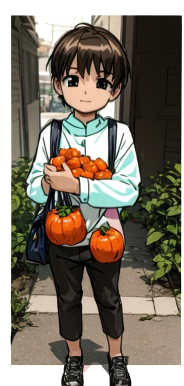 A young boy is standing happily holding a bag of tangerines。