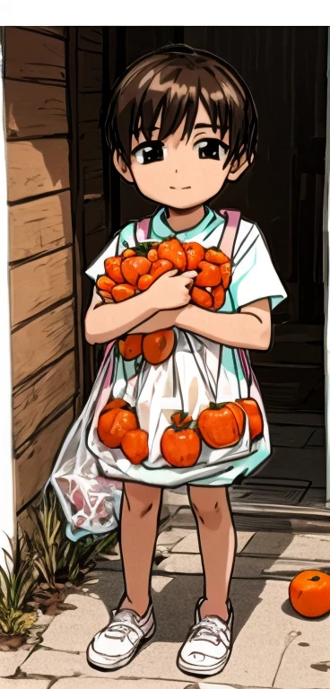 A young boy is standing happily holding a bag of tangerines。