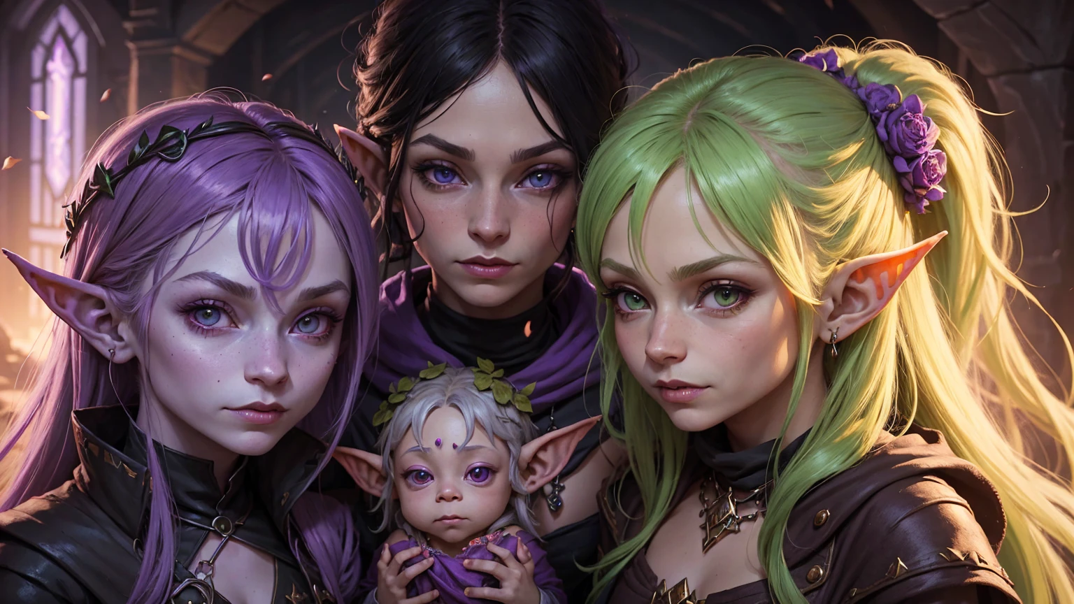 ((best quality)), ((masterpiece)), (detailed), perfect face, ((green skin)), (absurdrez), 3 goblin girls bowing to the viewer, standing and bowing, girl is wearing a white blouse and black skirt and glasses, girl is wearing a blue robe and crown