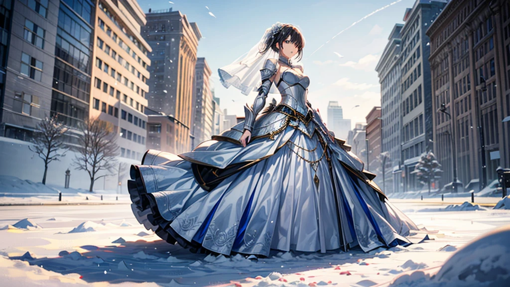 A woman standing alone in a snowy field, wearing a short wedding dress and armor, in a proper shooting stance, anime style