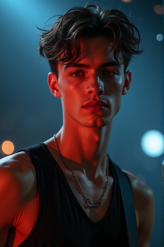 Twenty-five year old man. Black hair slicked back with loose strands on the forehead, wearing a black cropped t-shirt, Eyes red, sharp black claws. Tight black vinyl pants. slutty smile. Caucasian skin. defined body