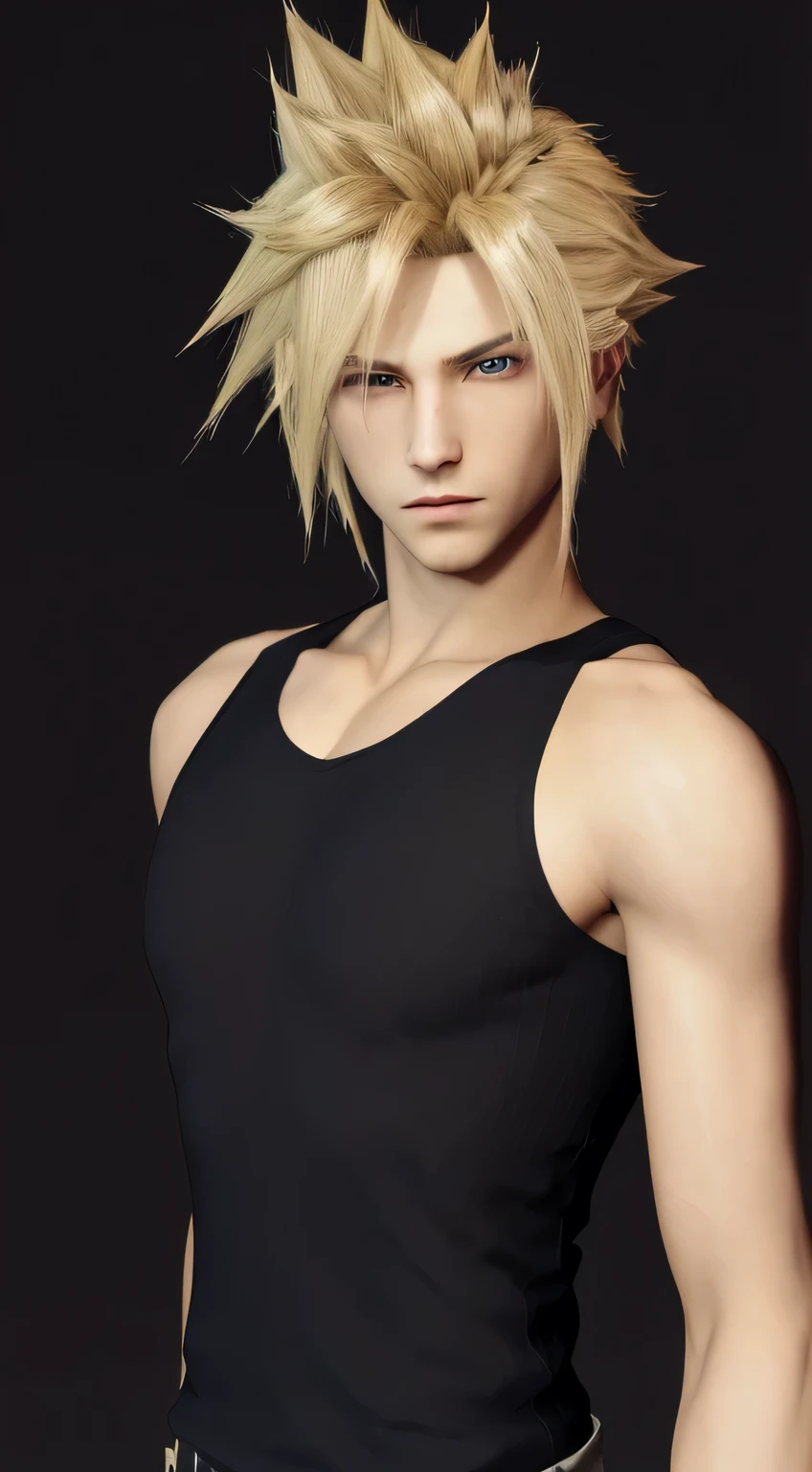 arafed image of a man with a very short hair and a black tank top, portrait of cloud strife, cloud strife, from ff7, cloud, final fantasy face, from final fantasy vii, ff 7, final fantasy character, from final fantasy, maxwell render, final fantasy style, 3 d anime realistic, ( ( 3 d render ) ), blu eyes, good eyes quality