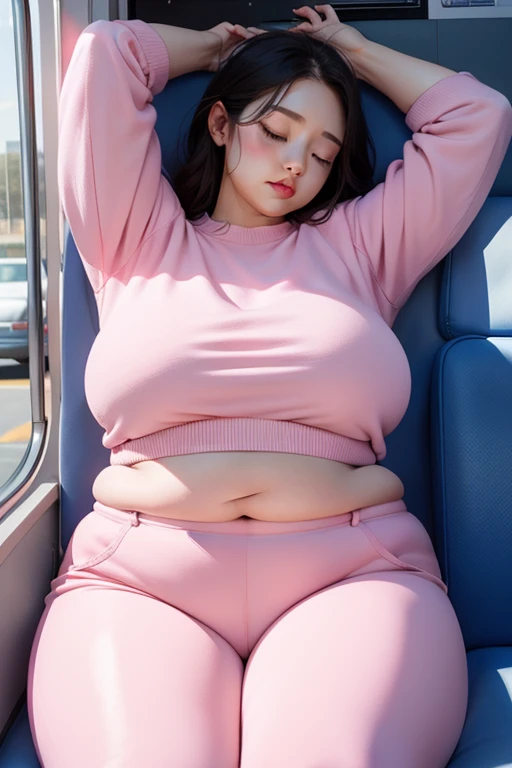 1 beautiful woman, big body, pink crop, tight pink pants, asleep on the bus, eyes closed, 다리를 살짝벌리다