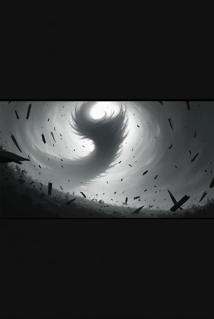a lot of chaos, inside the tornado, BLACK AND WHITE COLORS, and very bright rays, strong storm 