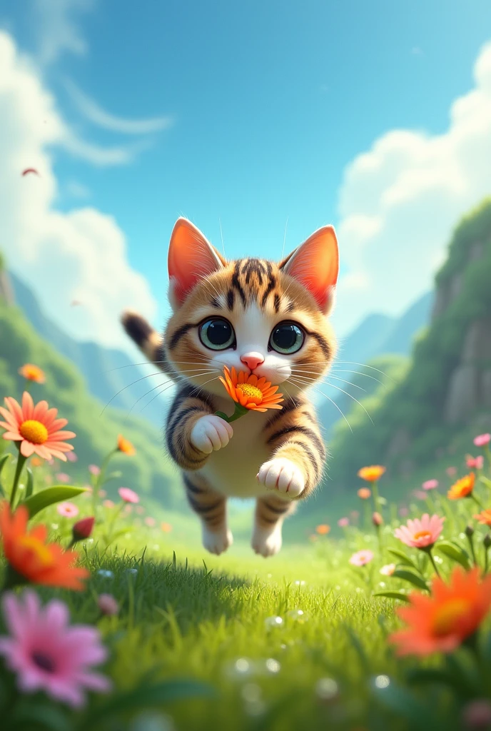 A cat running with a flower in It's mouth