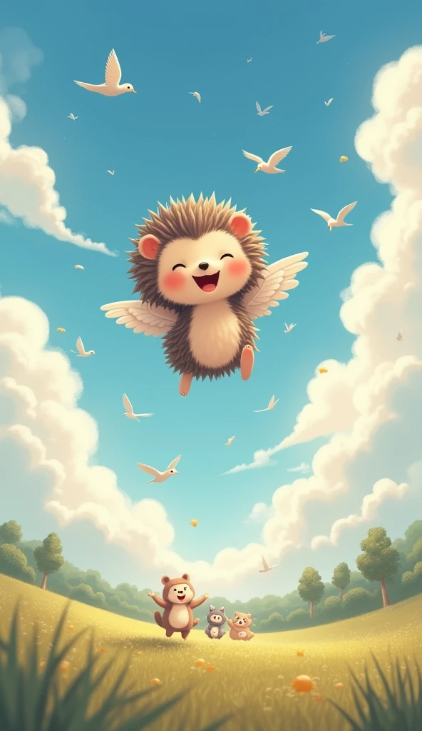 Cute hedgehog in a dream、Running around happily on fluffy clouds。Every time I step on the clouds with light steps、The clouds bounce gently、The hedgehog's smile becomes even brighter.。sudden、Small wings grow on your back、The hedgehog is surprised but happy as he flaps his wings and flies up into the sky.。Every time it flaps, the wind blows pleasantly、The hedgehog flies freely in the blue sky.。
Birds fly happily in the sky、Hedgehogs have also joined the group.、Let's run through the blue sky together。If you look down、On the ground, there are animal friends、The hedgehog waves cheerfully。The animals on land smiled and waved back.、Watching over the hedgehog。The sunlight warmly envelopes the hedgehog.、As the wind gently rustles its wings、The hedgehog continues to fly in the sky, feeling infinite freedom and happiness.。Adventure in a dream、Feels just like reality、The hedgehog's smile never fades。