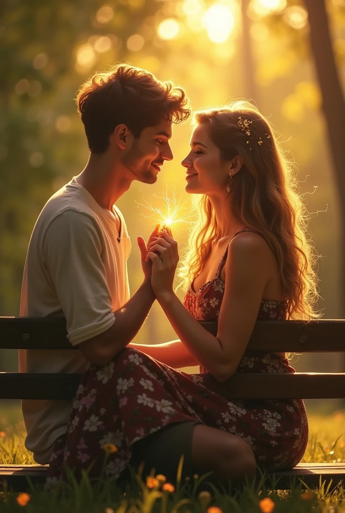 A young couple, a man and a woman, are sitting on a park bench facing each other. They are lost in each other's eyes, their faces filled with a mix of love, longing, and surprise. The scene is bathed in warm, golden sunlight. A spark of electricity crackles between them.