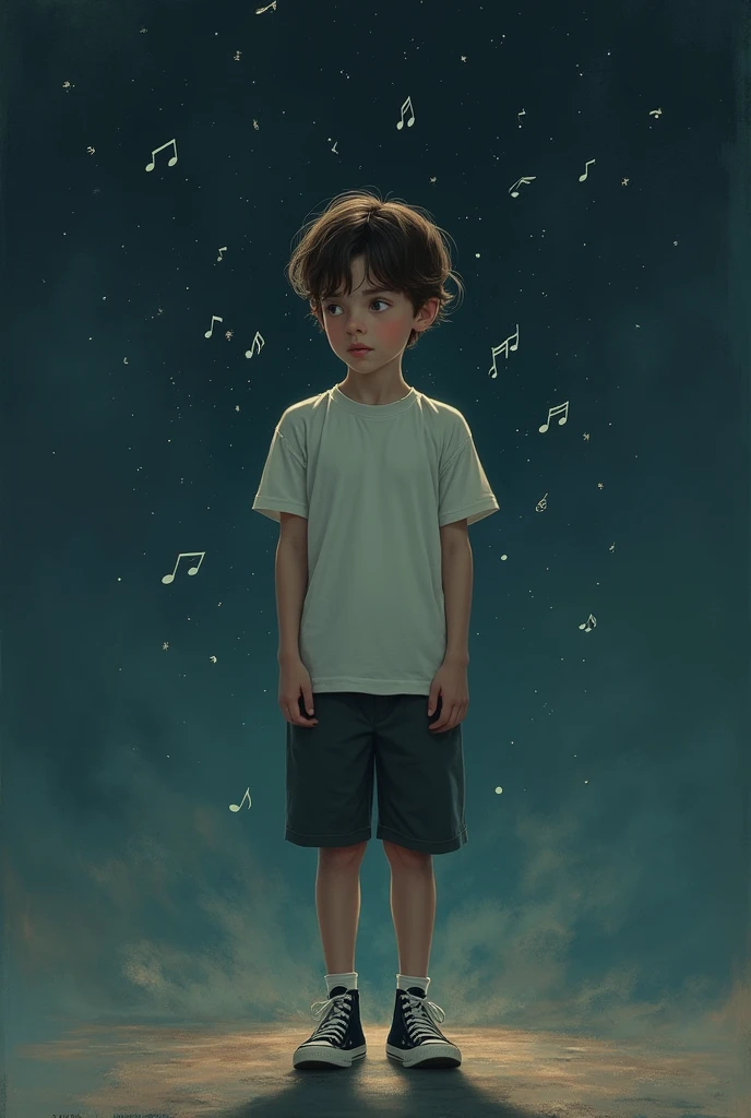 A boy who sees half of his body. He has some converse shoes, There are musical notes and a dark sky with stars. Has the title "The Night I Stopped Wanting To Be Your Heather"