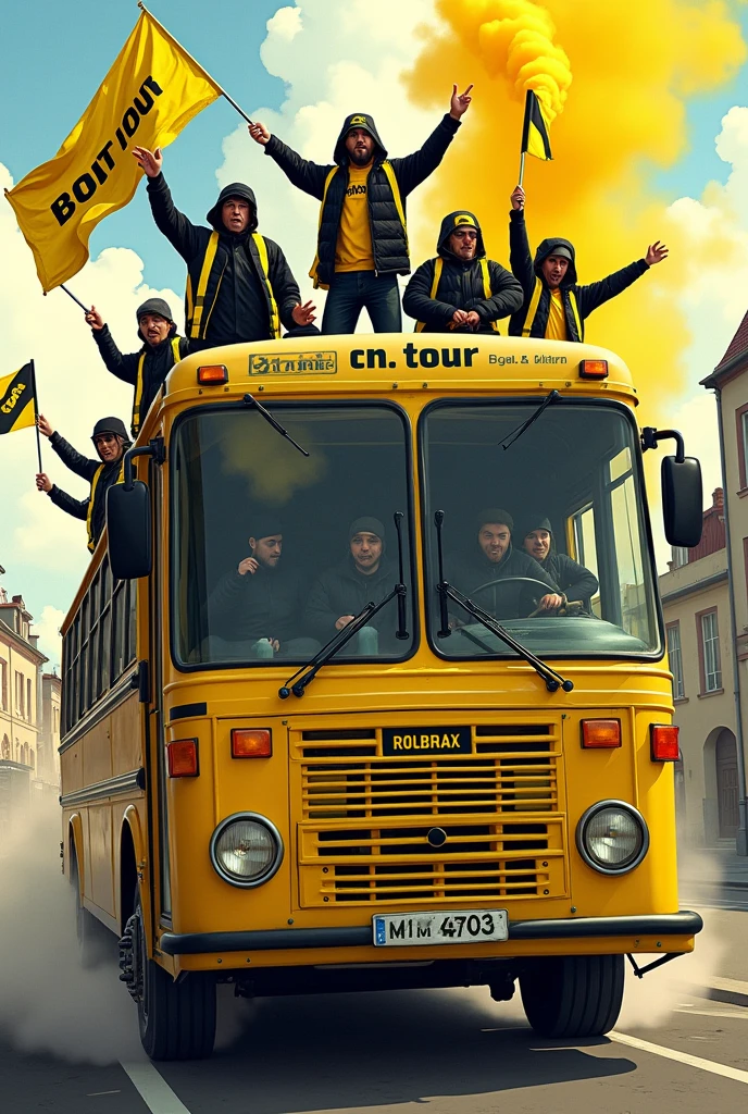 Image cartoons, groupe de supporters homme de style ultras hooligans, dressed in a black and yellow jacket, dans un bus jaune inscrit sur le bus « ROUEN ON TOUR », The supporters are on the roof with yellow and black smoke bombs in their hands and yellow and black &quot;ROUEN&quot; flags in their hands.. Les vitres du bus sont cassées, the bus driver gives the finger 