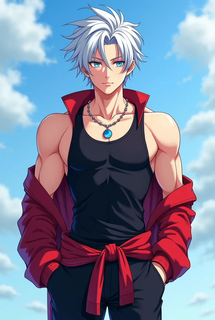 ((quality)), ((art)), ((best)), ((detailed)), 1, ((boy)), ((Anime)), he is ((1)), and is extremely ((beautiful)), and ((perfect)), body: his is ((slim muscular and athletic)), with a ((strong handsome physique)), he has ((shiny white hair like the moon with an asymmetrical shape with loose strands)), he has beautiful and beautiful ((bright blue eyes like the sky)),
he wears a ((tight black tank top that shows off his body)), ((wears a shiny silver neck necklace)), he wears a ((red jacket with long sleeves tied at the waist)), he wears a ((black pants tight)), and he is wearing a pair of ((Black sneakers))