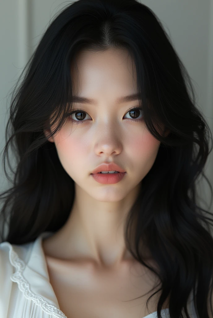 White woman, beautiful, black hair and black eyes realistic