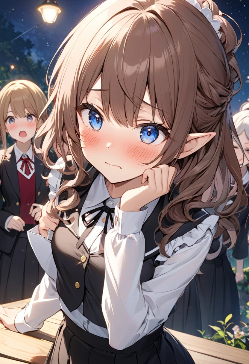 garden, night, break KaedeJohanNouvel, Kaede Johan Nouvel, Elf, brOwn hair, lOn top of thatg hair, bangs, Wavy Hair, blue eyes, 大きなchest, break yurigaoka girls academy school uniform, White shirt, Cropped jacket, Black jacket, lOn top of thatg sleeves, Juliet Sleeve, black sleeves, Black Skirt, High Waist Skirt, Frilled Skirt, buttOn top of thats, neck ribbOn top of that, black ribbOn top of that, break standing, upper_body, hand_On top of that_Own_chest, Looking_in_audience, Tilt your head, break blush, Frightened expression, Mouth closed, break (masterpiece:1.2), (美しい細部まinこだわった目:1.2), Perfect lighting, (perfect hand, perfect aninomy)