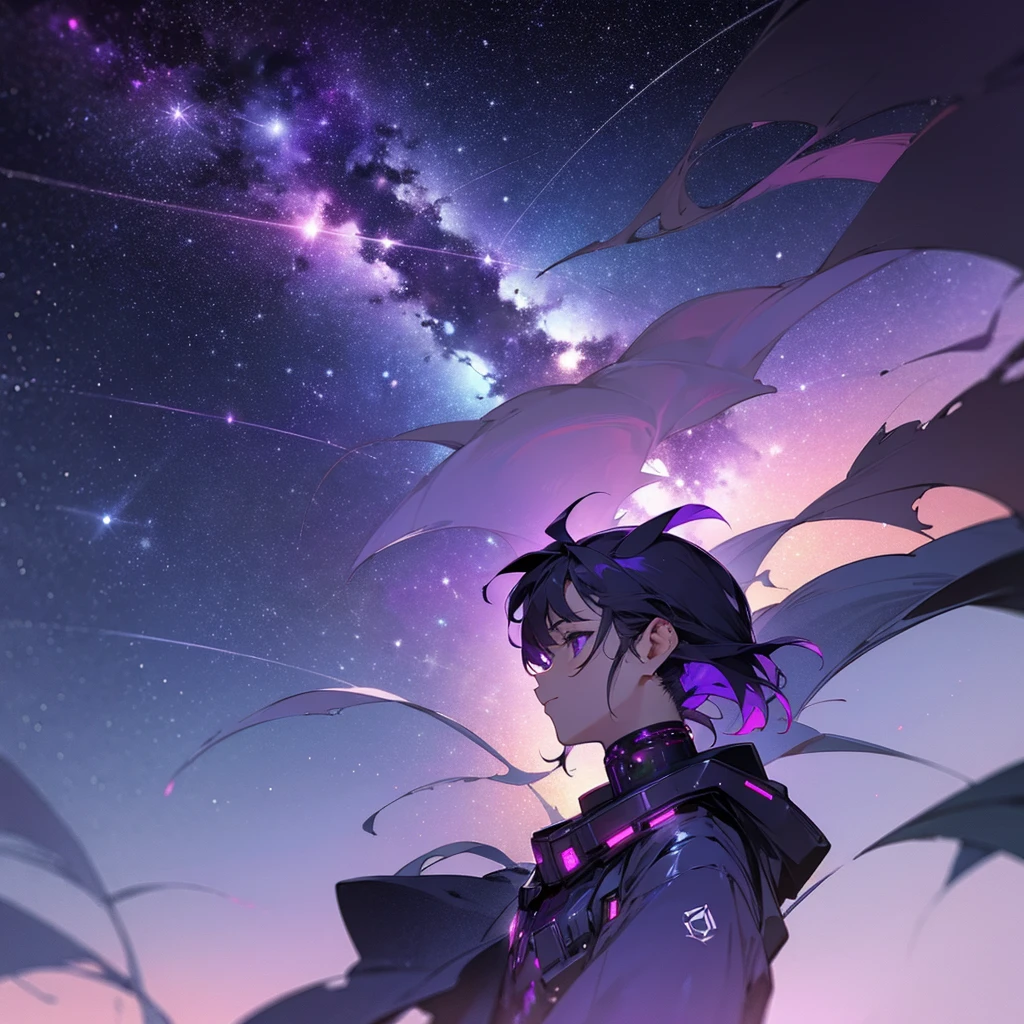 Starry sky with the constellations of the zodiac, shades of purple as if they were nebulas, vast space, cyberpunk city at the bottom,