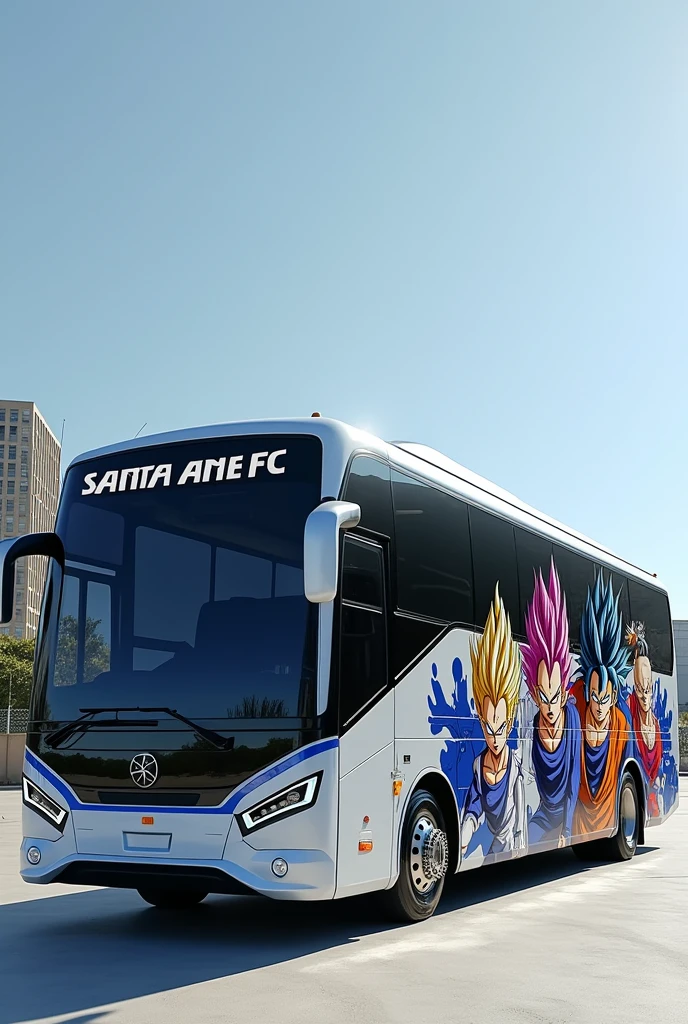 I have a photo of a white bus that I want with a metallic blue design and drawings of Dragon Ball Z with the name Santa Ana FC