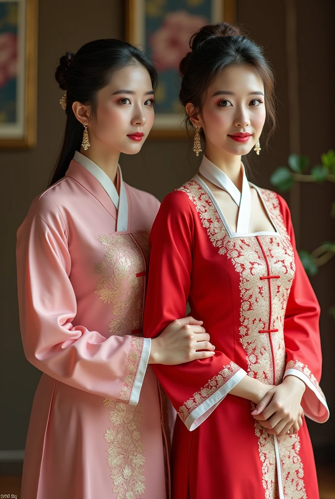 Create a highly detailed and elegant Cheongsam (Qipao) design. The dress should feature intricate floral embroidery, traditional Chinese patterns, and a high collar. The fabric should be silky and glossy, with a rich, deep red color that symbolizes good fortune. Add gold accents and trim to enhance the luxurious feel. The Cheongsam should be form-fitting, highlighting the wearer's figure gracefully, with side slits for ease of movement. Include delicate buttons along the side and an overall sophisticated, timeless look. Temple background, full body