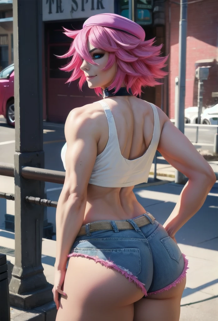 perfect eyes:1.2, detailed eyes:1.4, poison, smile, smirk, pink hair, blue eyes, short hair, white crop top, pink hat with skull, single elbow glove, single thighhigh, collar, short shorts, looking at viewer, cowboy shot, ass, from behind, street, 1girl, solo, (masterpiece:1.6, best quality),