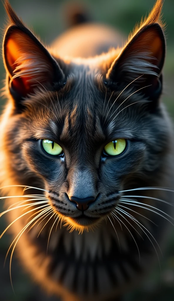 Close-up shot of Marvel's Wolverine character, but instead of his iconic blue and yellow costume, he has the physical appearance of a powerful Maine Coon cat. His whiskers are sharp and angular, his eyes glow like bright green embers, and his ears are pointed and alert. The camera frames him from directly above, highlighting the texture of his fur and the defined muscles in his neck. Soft, warm lighting illuminates his face, casting a subtle golden glow on the surrounding environment