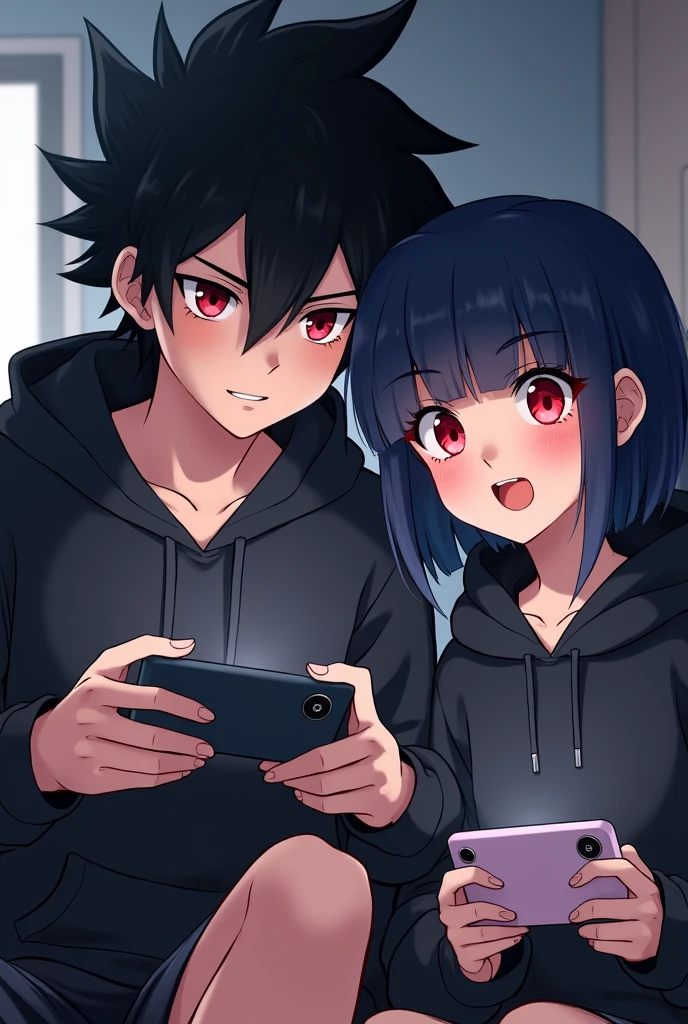 A boy ((( Anime boy , Spiky hair , black hair , black hoodie , blood red eyes , narrowed eye , ))) , A girl ((( Anime girl , dark blue hair , modern day mullet hair style , black hoodie , red eyes , almond eye ))) , playing mobile games