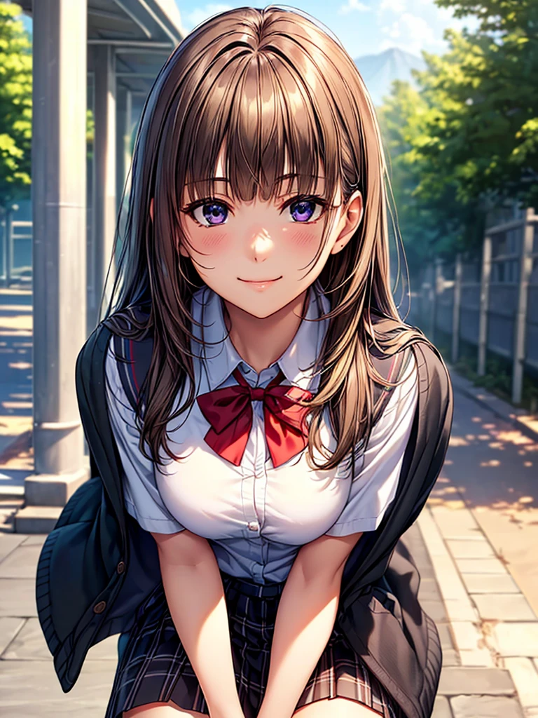 ((Masterpiece, Highest quality, High resolution, Hyper HD, Pixel perfect, Depth of written boundary, 4K, RTTX 10.0, High resolution))), One beautiful person:High school girls,, Japanese, Perfect Face,, (Realistic:1.2), View your viewers, Cute and symmetrical face, Glowing Skin, (Long Hair:1.5, Straight hair:1.4, Light brown hair), Blunt bangs, Swept-apart bangs, Big eyes, Droopy eyes, Purple eyes, Long eyelashes, (Medium chest), thin, Beautiful Hair, Beautiful Face, Beautiful attention to detail, Beautiful clavicle, Beautiful body, Beautiful breasts, Beautiful thighs, Beautiful feet, Beautiful fingers, ((Red bow tie, school uniform, Black jacket, Open jacket, Brown cardigan, White shirt, Black Skirt, Checked skirt)), smile,School Grey Knee High Socks), (Beautiful views), evening, (Outdoor),, Are standing, (かわいらしいsmile, Upward glance),Beautiful illustrations, (Natural Side Lighting, Cinema lighting),