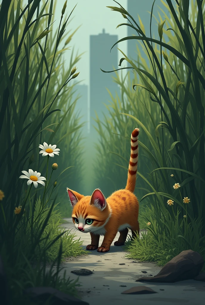 cat all hurt, in a vacant lot full of tall weeds, smelling a flower