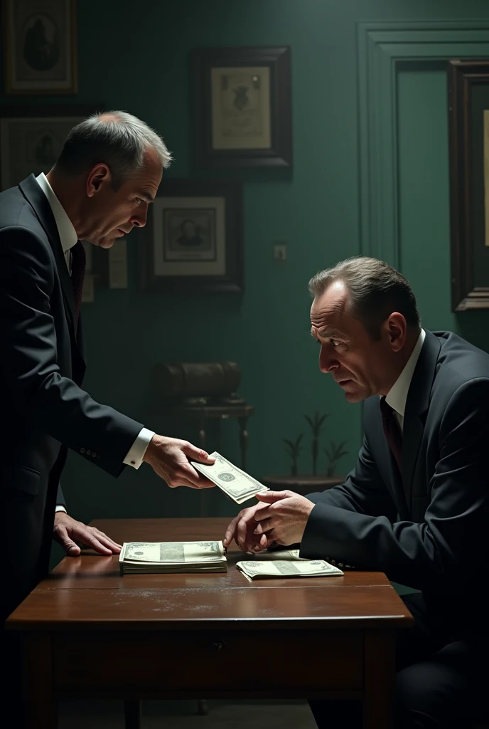 Hatherley sitting in a dark, old office, with Colonel Stark on the other side of the desk, giving him a large sum of money. Stark has a grim appearance and his eyes shine with a mixture of urgency and secrecy.. The room is poorly lit, adding an air of mystery.