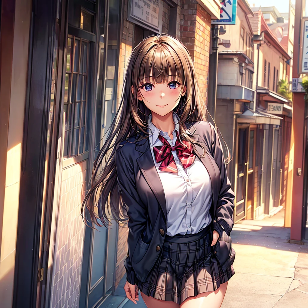 ((Masterpiece, Highest quality, High resolution, Hyper HD, Pixel perfect, Depth of written boundary, 4K, RTTX 10.0, High resolution))), One beautiful person:High school girls,, Japanese, Perfect Face,, (Realistic:1.2), View your viewers, Cute and symmetrical face, Glowing Skin, (Long Hair:1.5, Straight hair:1.4, Light brown hair), Blunt bangs, Swept-apart bangs, Big eyes, Droopy eyes, Purple eyes, Long eyelashes, (Medium chest), thin, Beautiful Hair, Beautiful Face, Beautiful attention to detail, Beautiful clavicle, Beautiful body, Beautiful breasts, Beautiful thighs, Beautiful feet, Beautiful fingers, ((Red bow tie, school uniform, Black jacket, Open jacket, Brown cardigan, White shirt, Black Skirt, Checked skirt)), smile,School Grey Knee High Socks), (Beautiful views), evening, (Outdoor),, Are standing, (かわいらしいsmile, Upward glance),Beautiful illustrations, (Natural Side Lighting, Cinema lighting),
